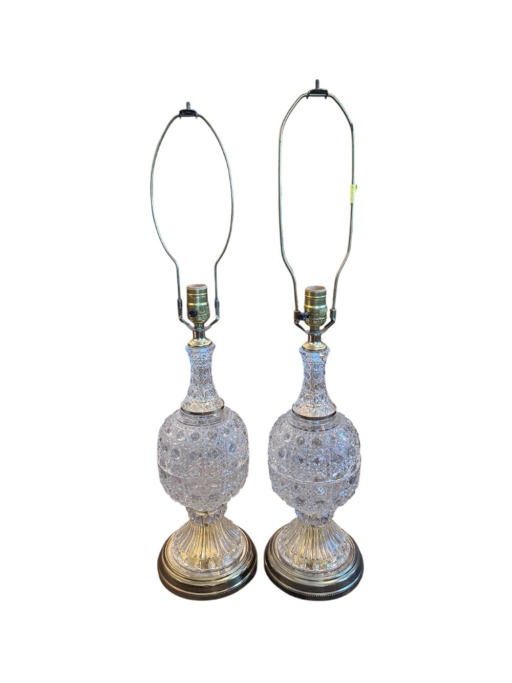 Crystal Cut Glass Table Lamps with Brass Bases - Pair